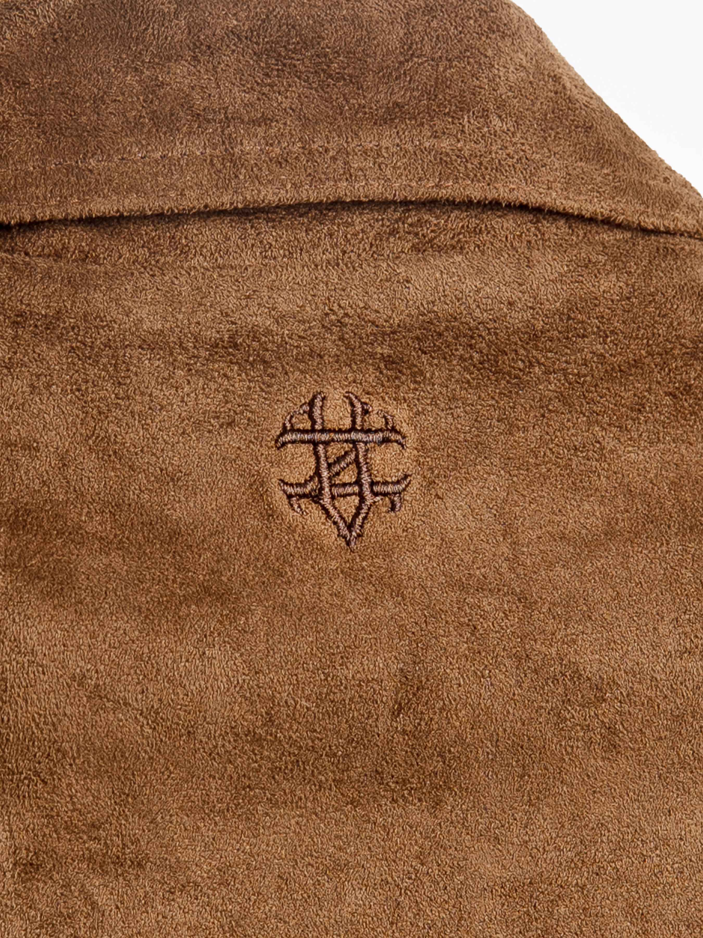 Brown suede jacket with embroidered logo detail, men's stylish apparel