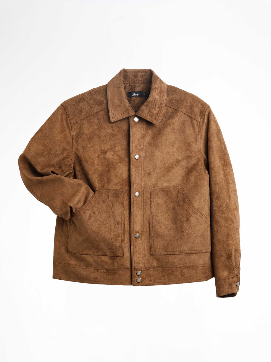 Brown suede men's jacket with button front and chest pockets, stylish casual outerwear