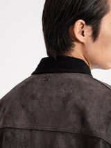 Men's dark suede jacket with subtle shoulder embroidery, stylish casual wear