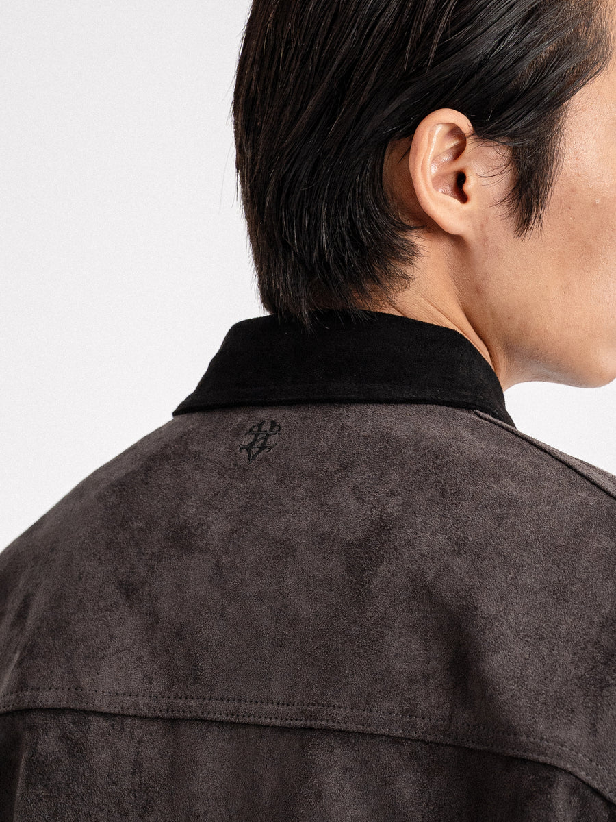 Men's dark suede jacket with subtle shoulder embroidery, stylish casual wear