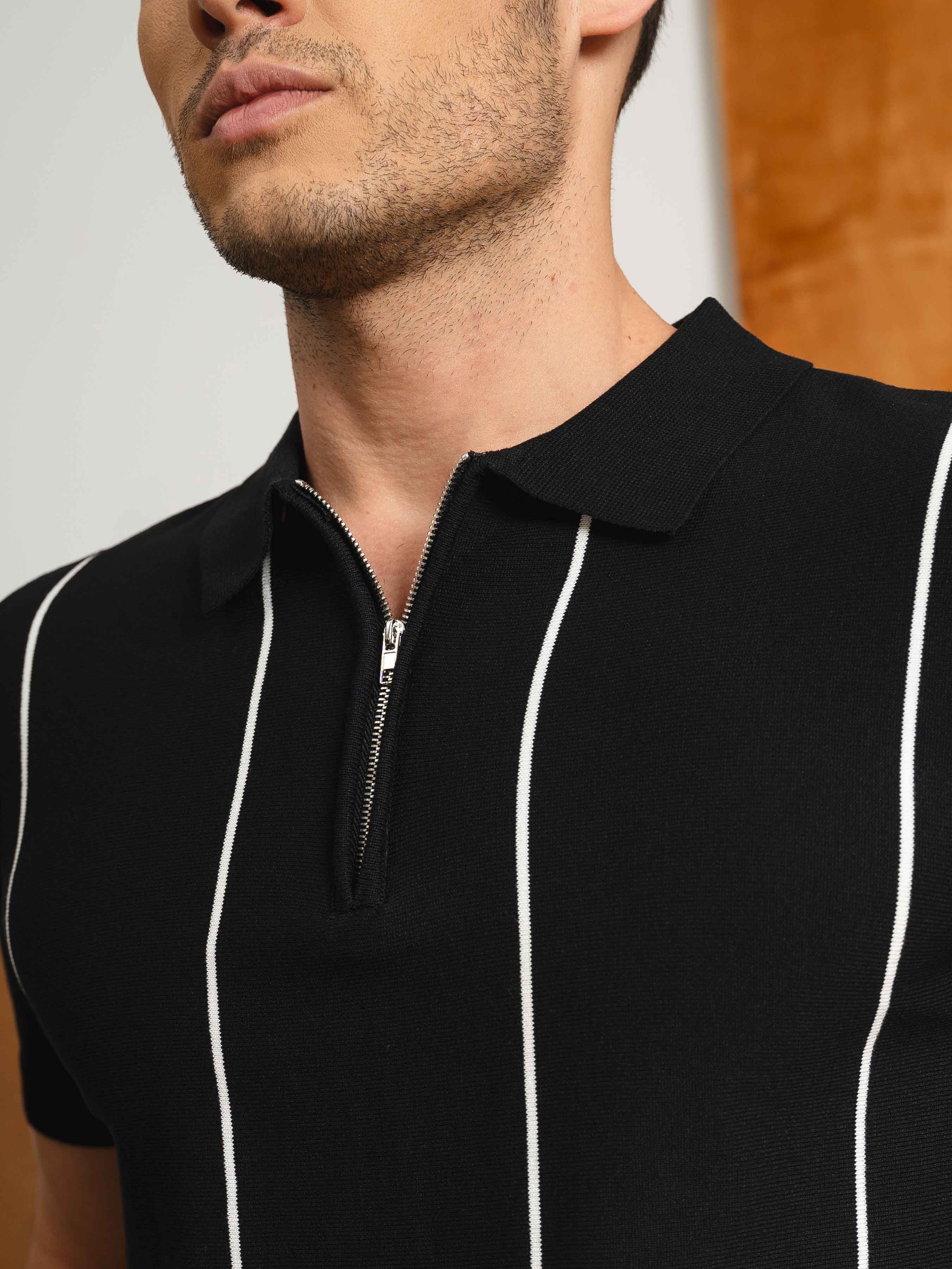 Zecca Stripe Knit Tee - Black Quarter-Zip