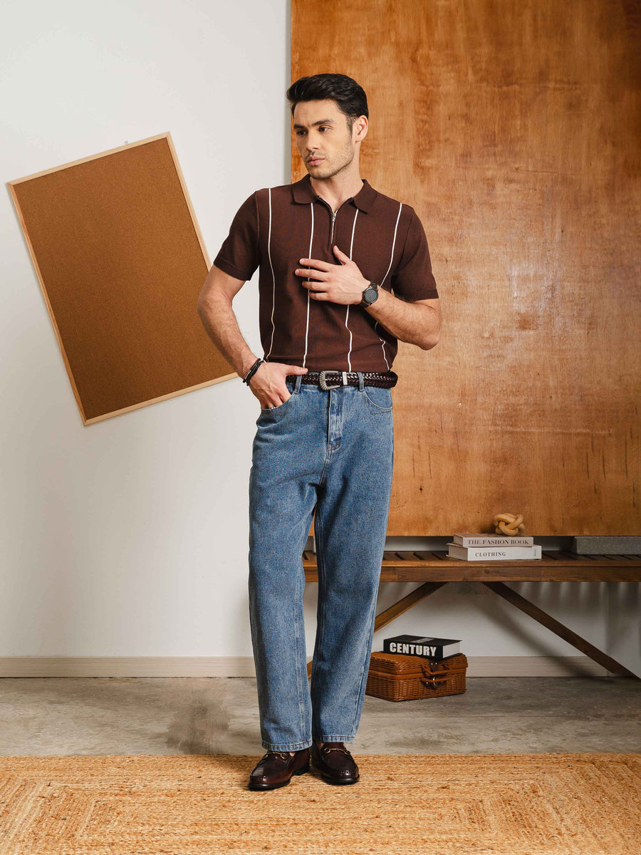 ZeccaStripeKnitTeeCoffeeQuarter-Zip1 - Zeve