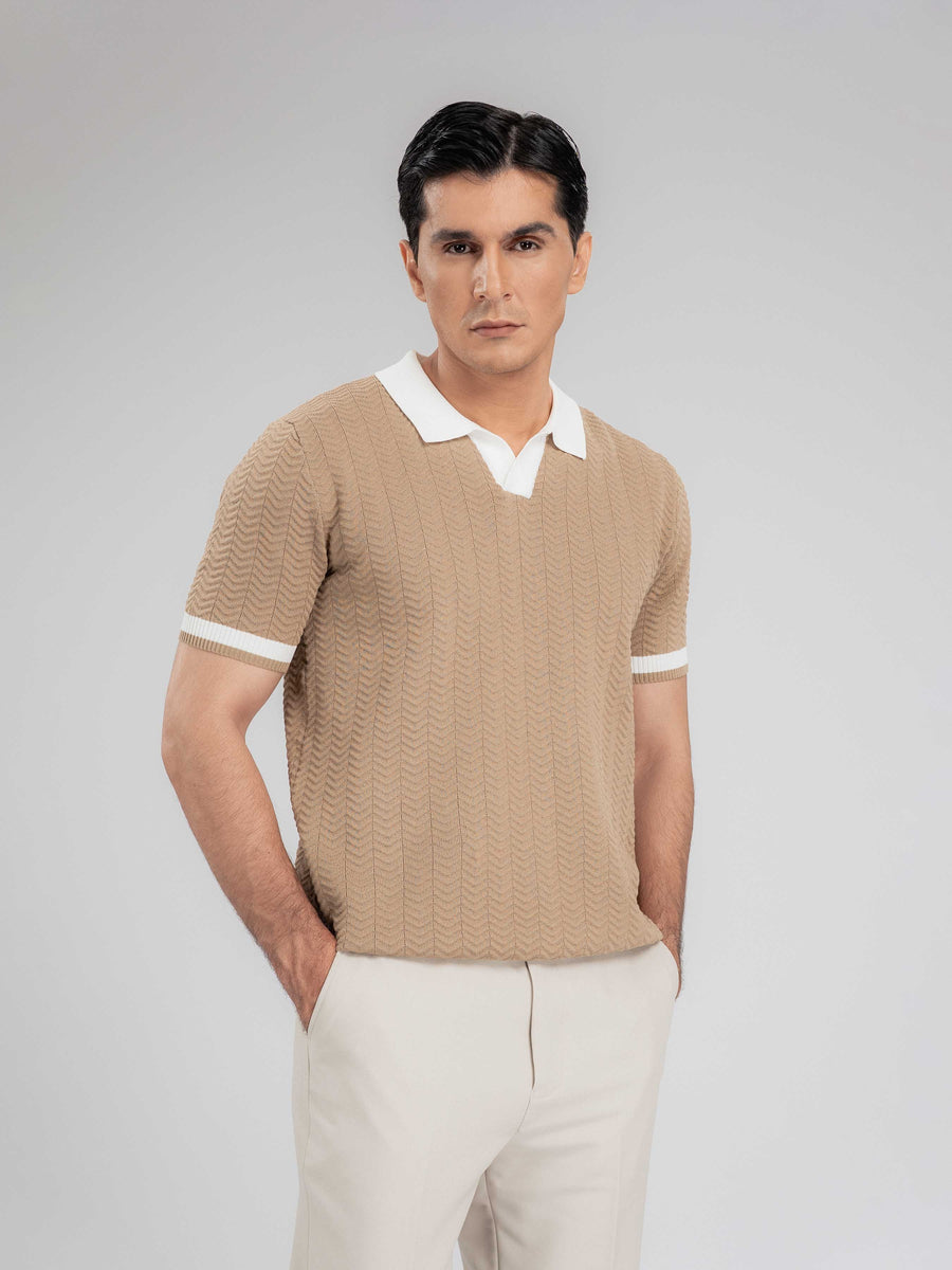 ZitaWaveKnitTeeKhakiOpenCollarMain - Zeve