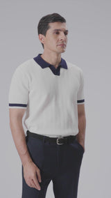 Zita Wave Knit Tee - White Open Collar
