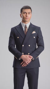 Double Breasted Suit Blazer - Midnight Blue Gold Button Accent (Slim Fit)