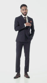 Double Breasted Suit Blazer - Deep Blue Stripe (Peak Lapel)