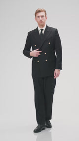 Double Breasted Suit Blazer – Jet Black Gold Button Accent (Slim Fit)