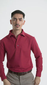 Long Sleeve Polo Shirt - Red One-Piece Collar Single Button