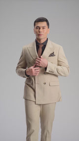 Double Breasted Suit Blazer – Cream Beige Plain (Slim Fit)