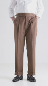Trousers With Side Adjusters - Brown Plain Cuffed (Tapered)