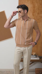 Zecca Stripe Knit Tee - Camel Quarter-Zip