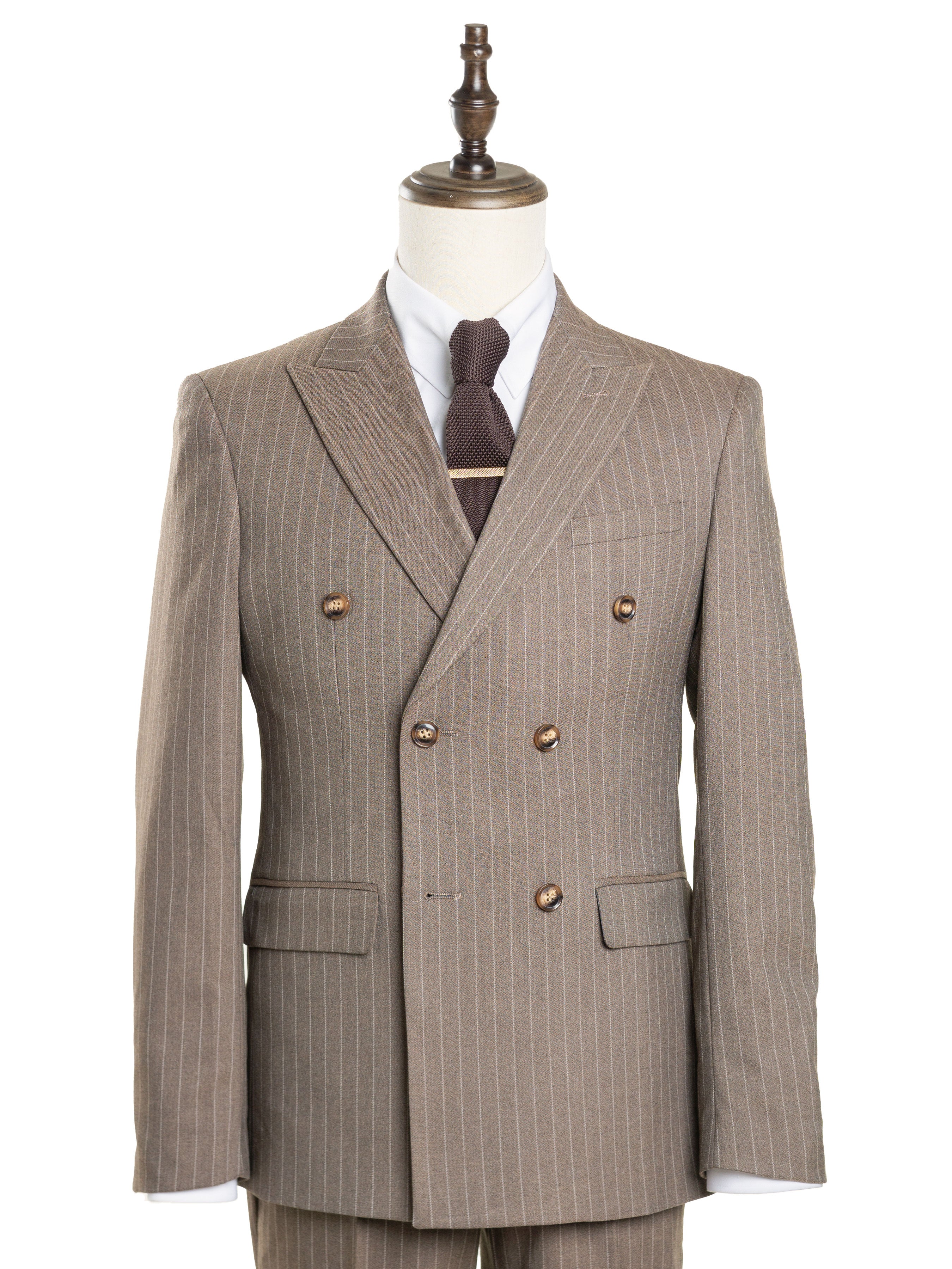 Double Breasted Suit Blazer - Brown Pinstripes (Peak Lapel) - Zeve Shoes