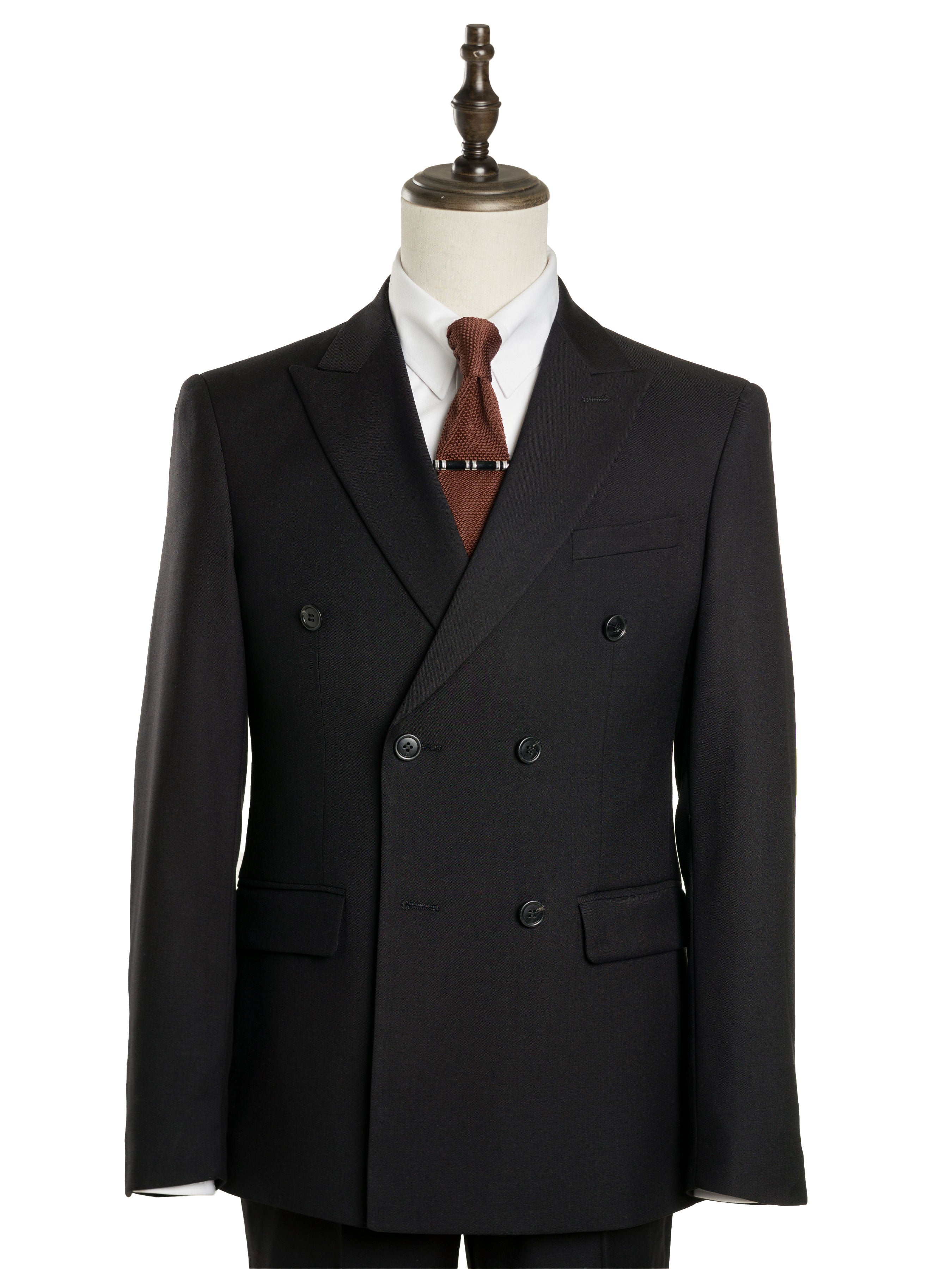 Double Breasted Suit Blazer - Jet Black Plain (Peak Lapel) - Zeve Shoes