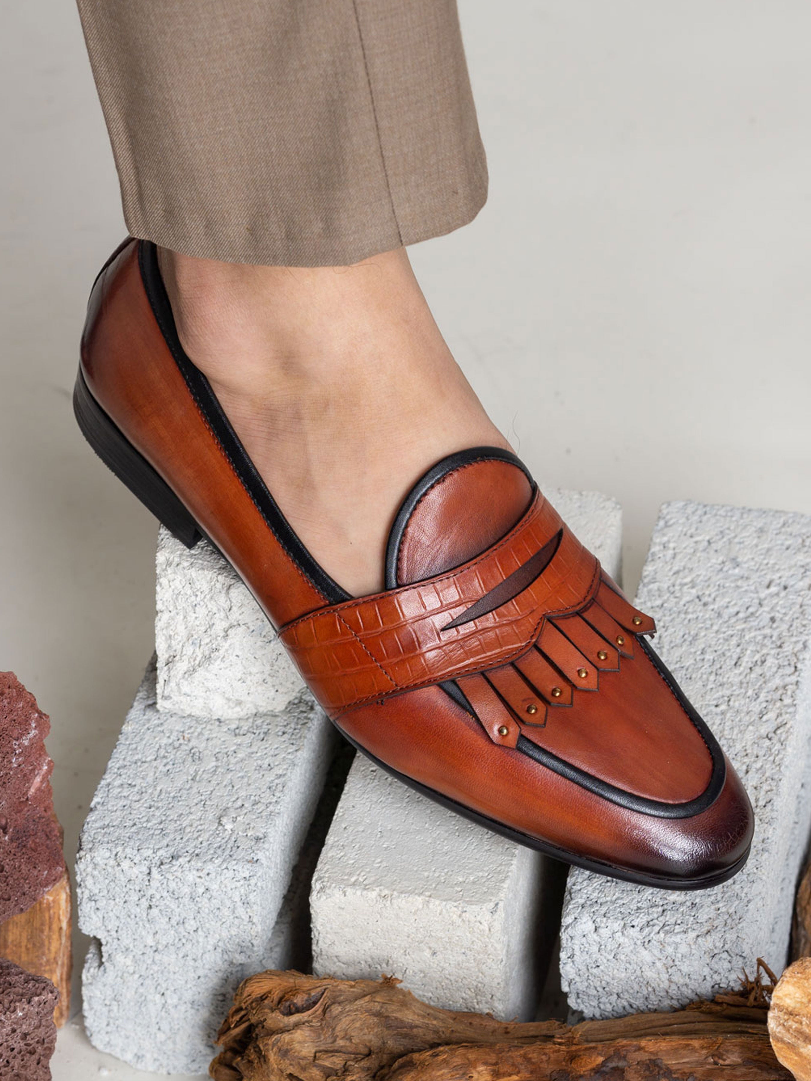 Belgian Loafer - Cognac Tan Phyton Penny Strap with Studded Fringe (Hand Painted Patina) - Zeve Shoes