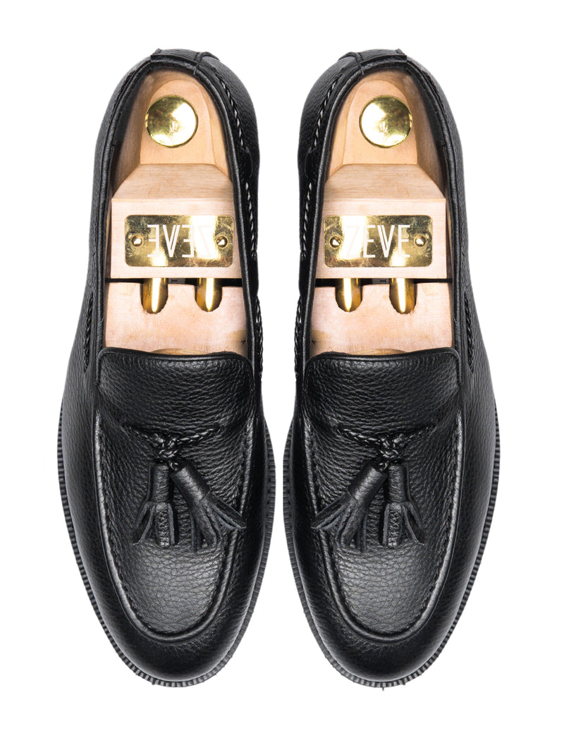 2-TASSEL-LOAFER-BLACK-PEBBLE-GRAIN-LEATHER-ZEVE-INTERNATIONAL-MEN-SHOES - Zeve