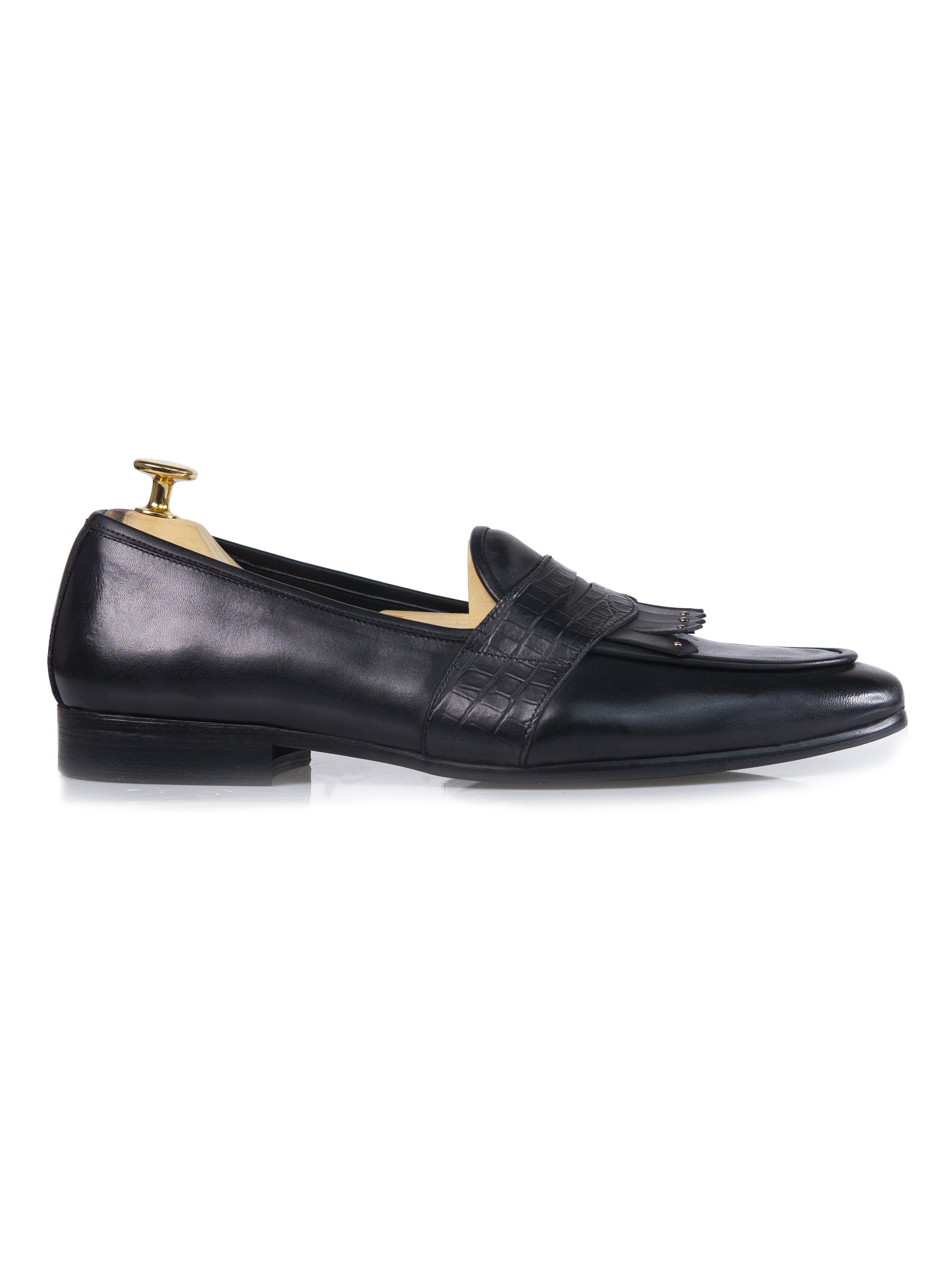 Belgian Loafer - Black Grey Phyton Penny Strap with Studded Fringe (Hand Painted Patina) - Zeve Shoes