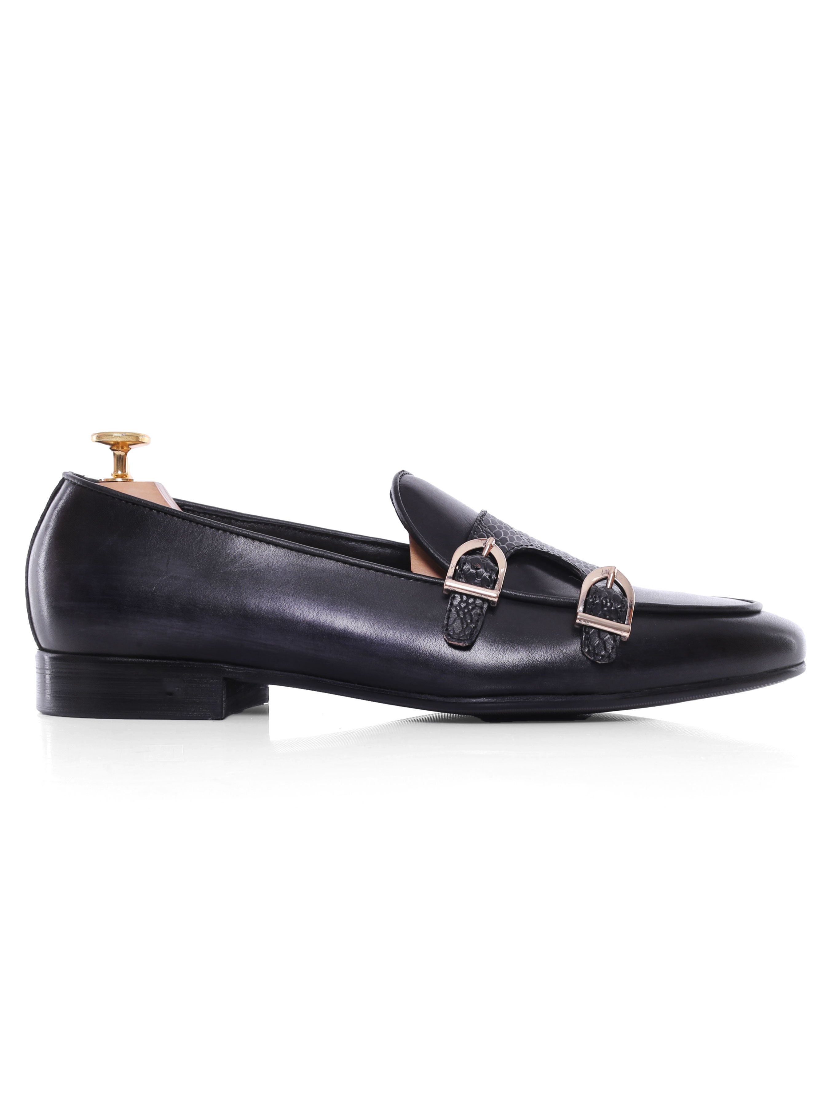 Belgian Loafer - Black Grey Snake Skin Double Monk Strap (Hand Painted Patina) - Zeve Shoes