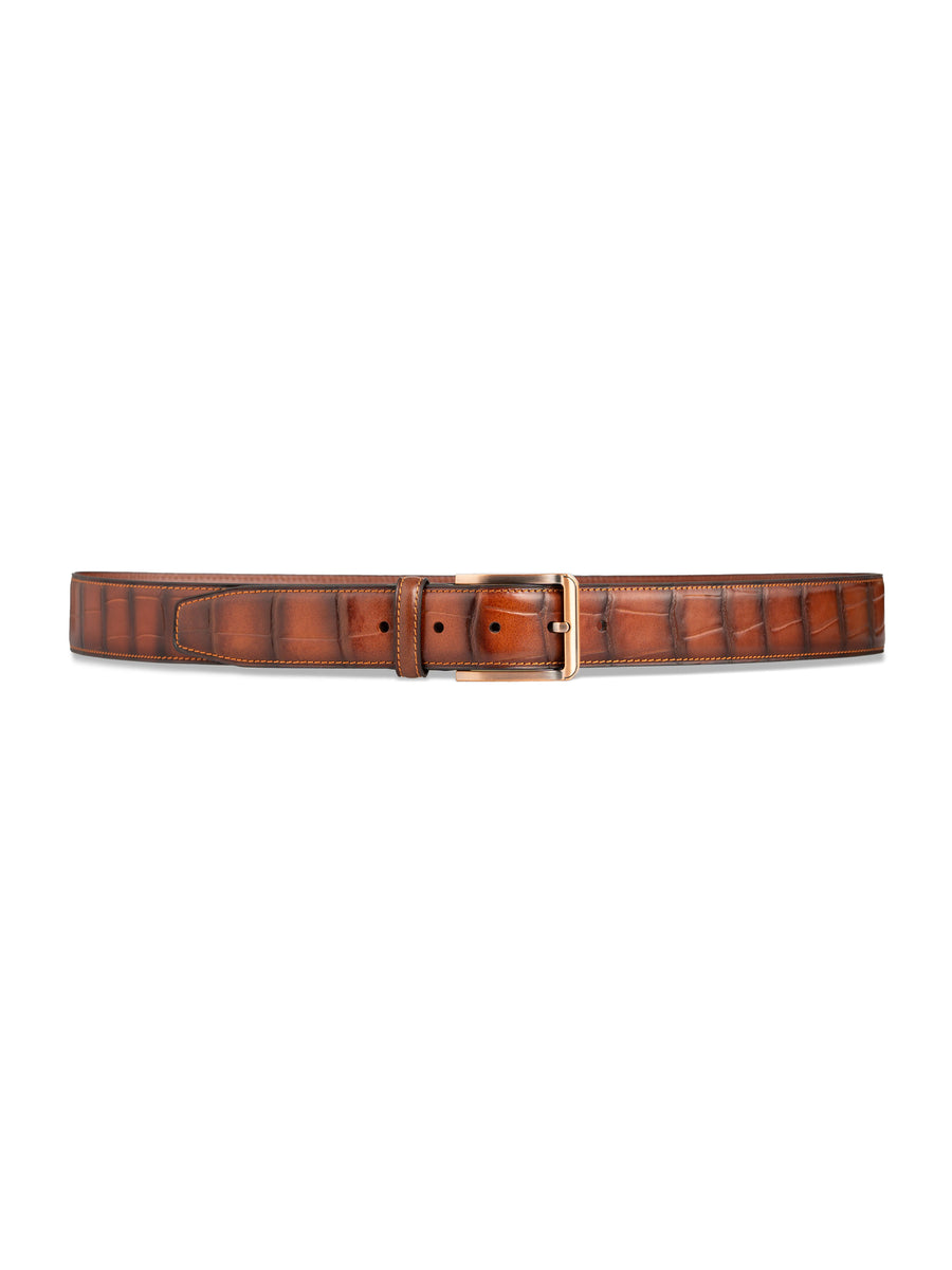 Croco-Leather-Belt-with-Copper-toned-Buckle-Tan - Zeve