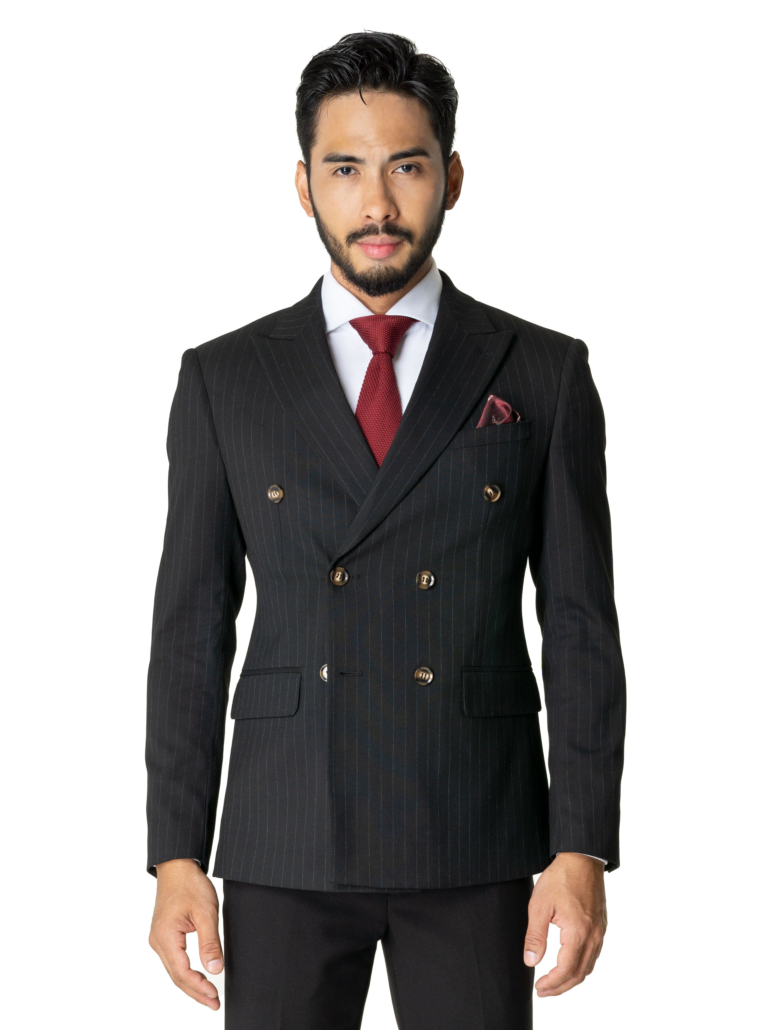 Double Breasted Suit Blazer - Black Stripes (Peak Lapel) - Zeve Shoes