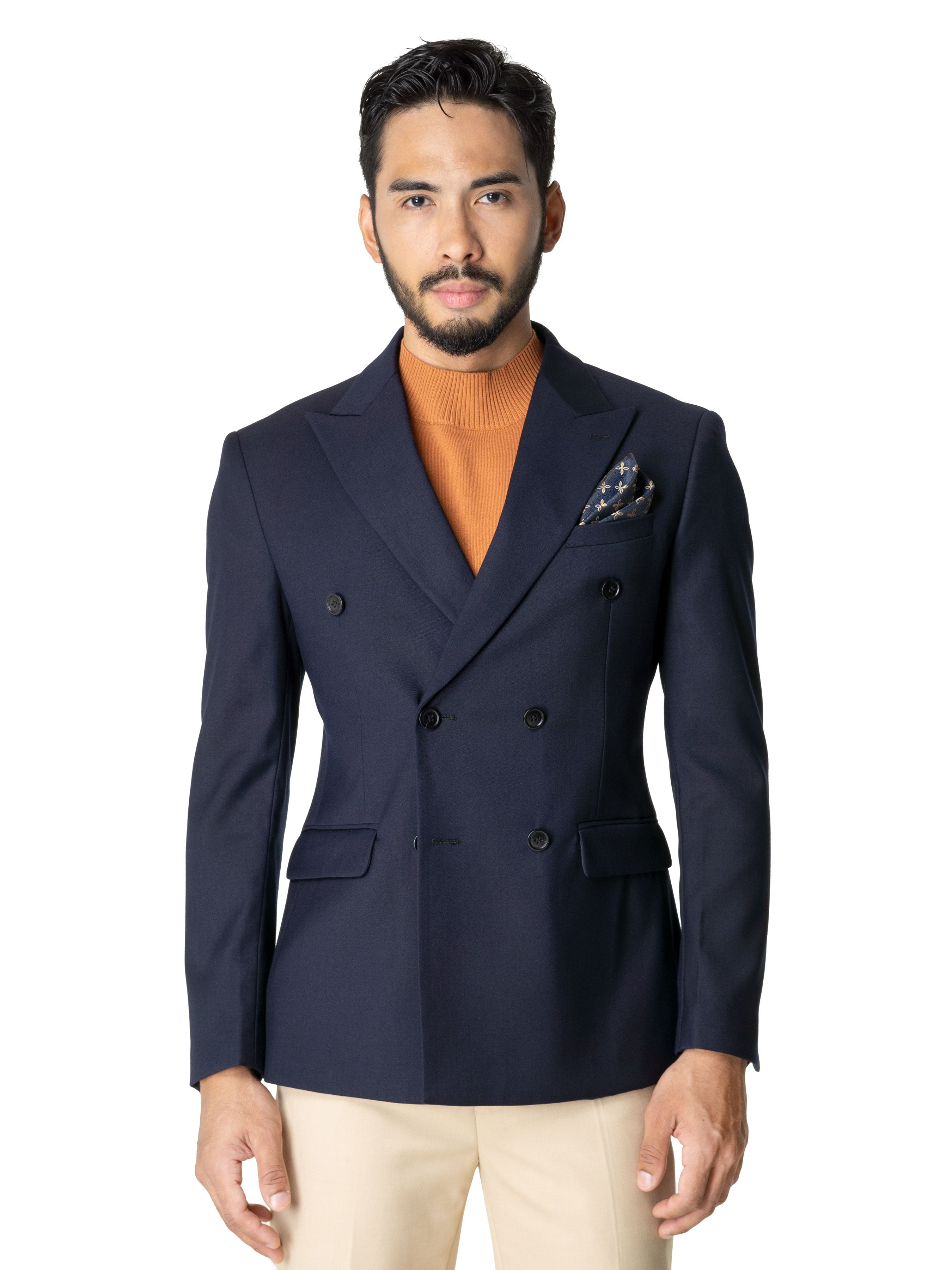 Double Breasted Suit Blazer - Dark Blue Plain (Peak Lapel) - Zeve Shoes