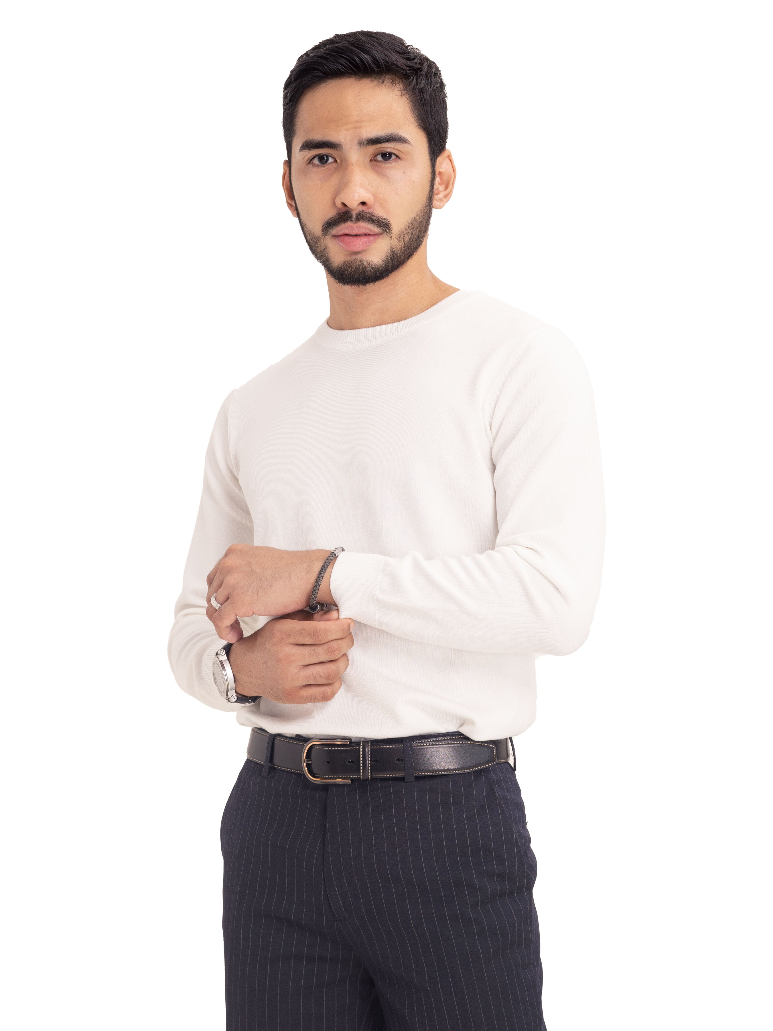 Long Sleeve Crew Neck Sweater - White - Zeve Shoes