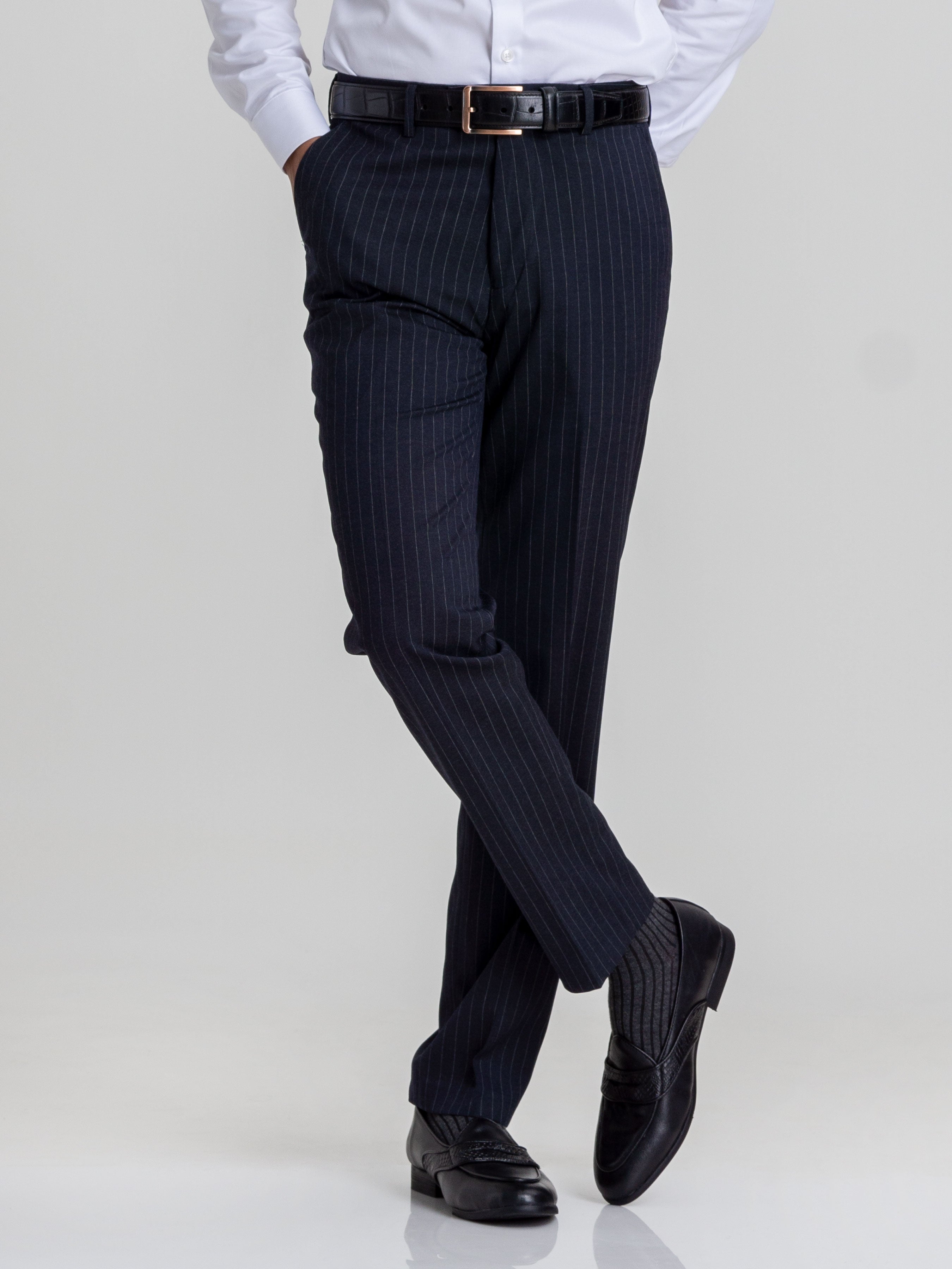 Trousers With Belt Loop - Navy Blue Stripes (Stretchable) - Zeve Shoes