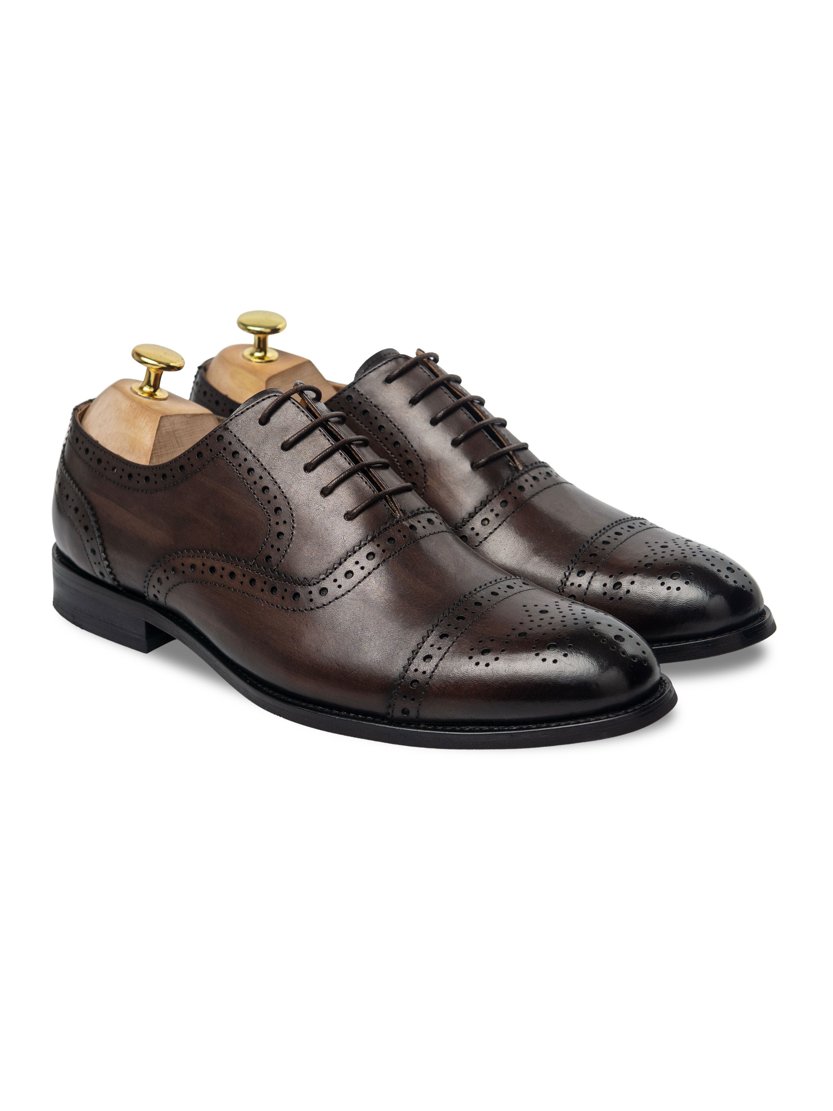 Oxford Cap Toe - Dark Brown Semi Brogue Lace Up (Hand Painted Patina) - Zeve Shoes