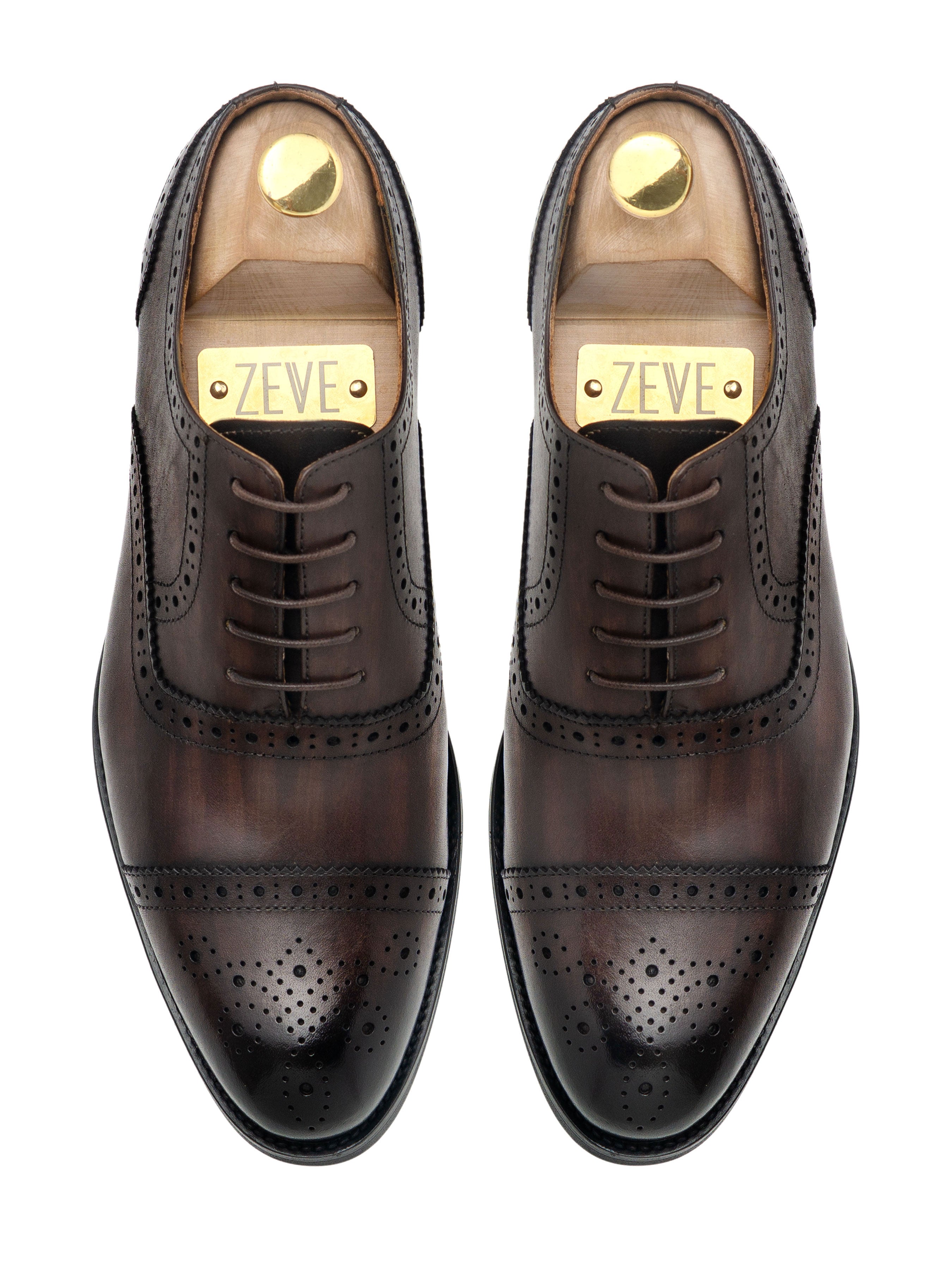 Oxford Cap Toe - Dark Brown Semi Brogue Lace Up (Hand Painted Patina) - Zeve Shoes