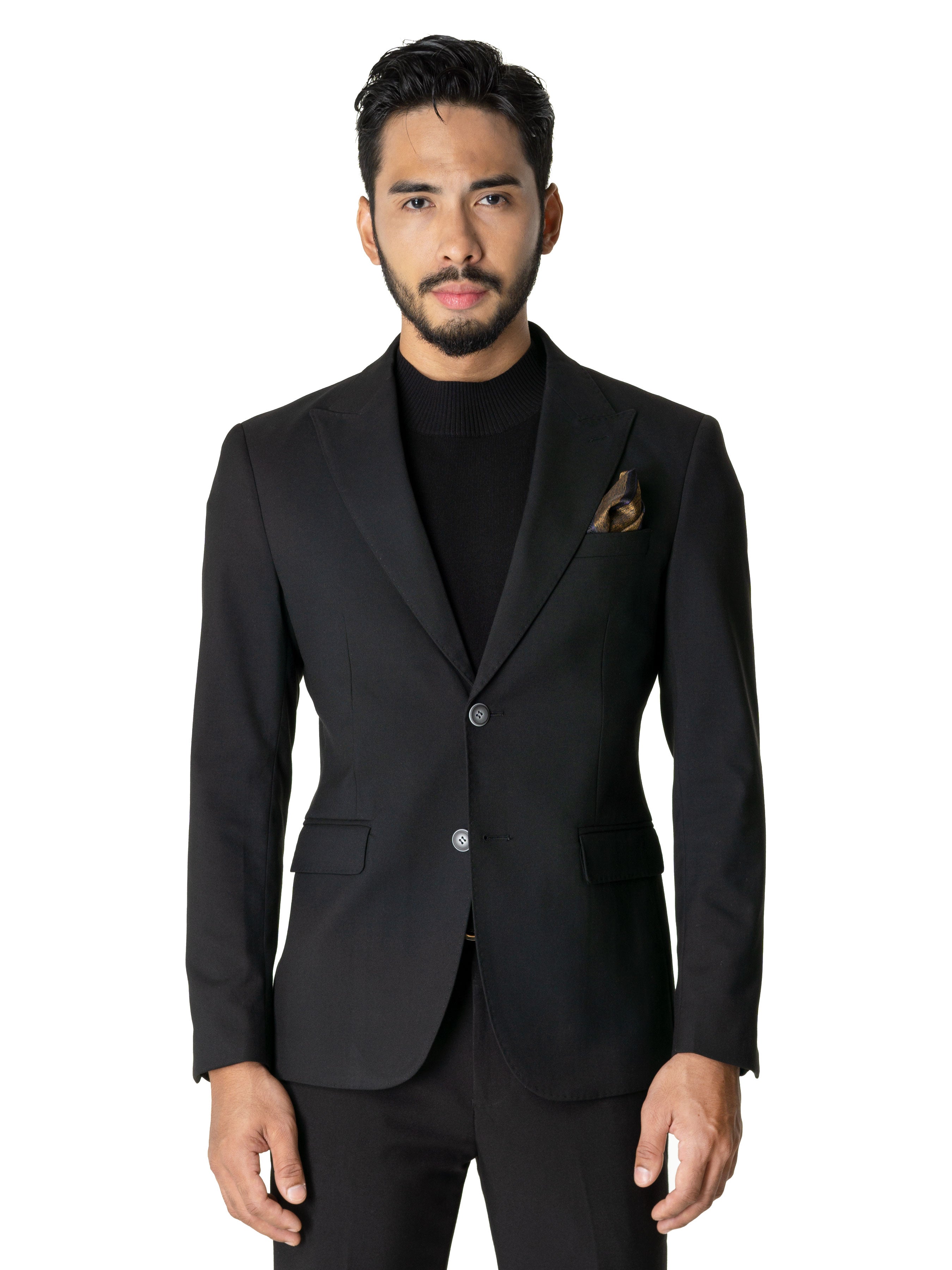 Single Breasted Suit Blazer - Black Plain (Peak Lapel) - Zeve Shoes