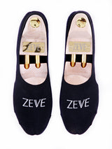 ZEVE branded black no-show socks with wooden shoe trees